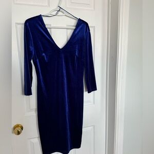 V Neck Blue Velvet Dress
